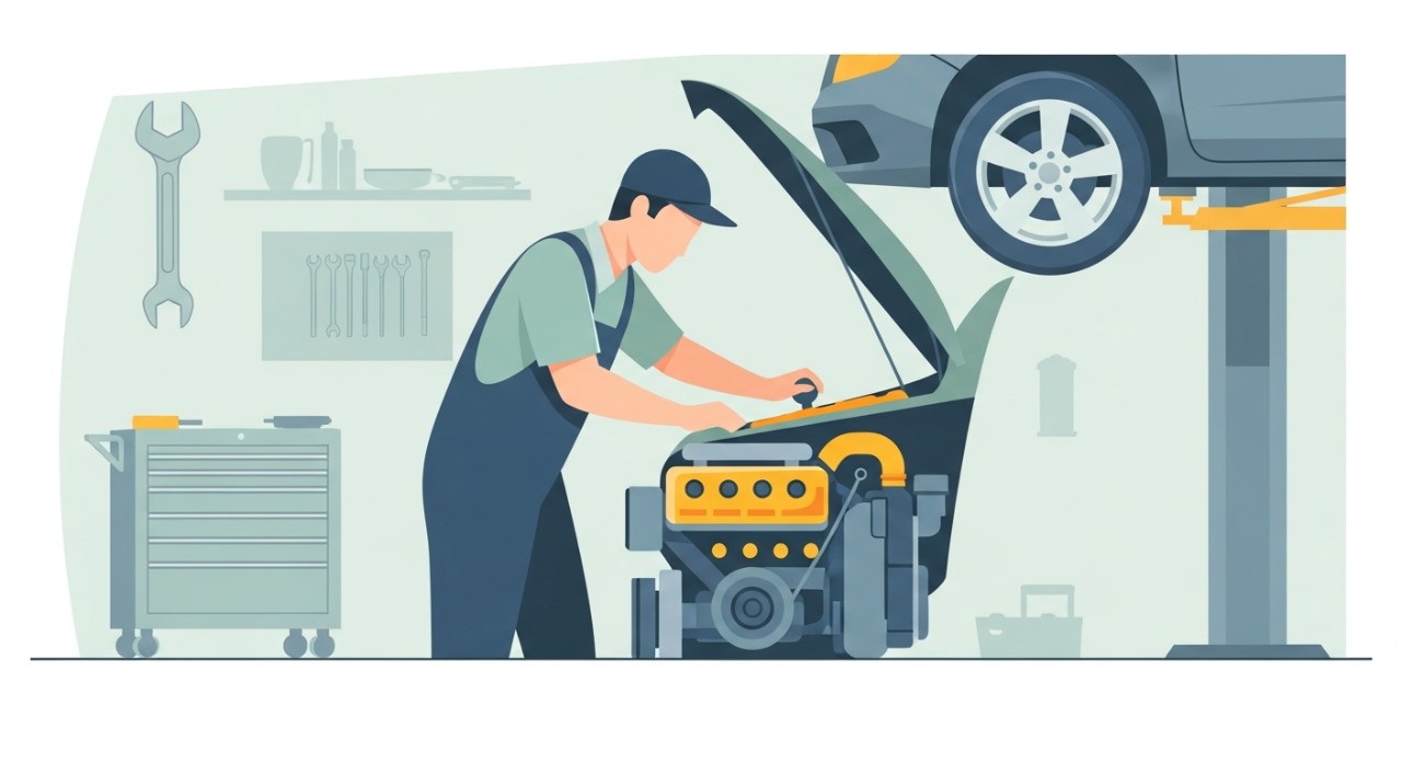 Mekanik sedang melakukan pemeriksaan enjin kenderaan di dalam sebuah bengkel automotif.