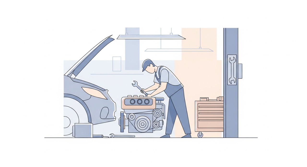 Seorang mekanik sedang tekun membaiki enjin kereta di dalam bengkel.