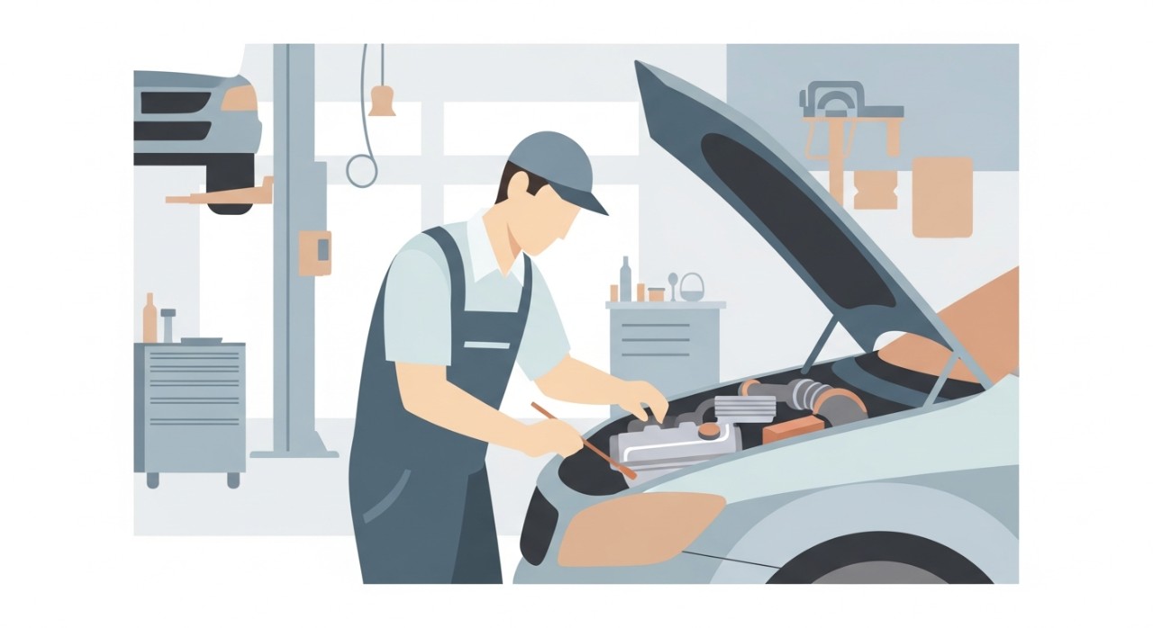 Seorang mekanik sedang memeriksa enjin kereta di dalam bengkel yang luas dan bersih