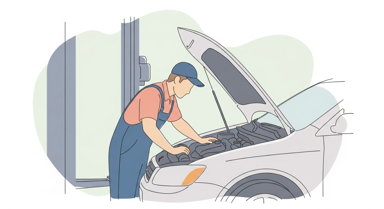 Seorang mekanik sedang tekun membaiki enjin kereta pelanggan di dalam bengkel.