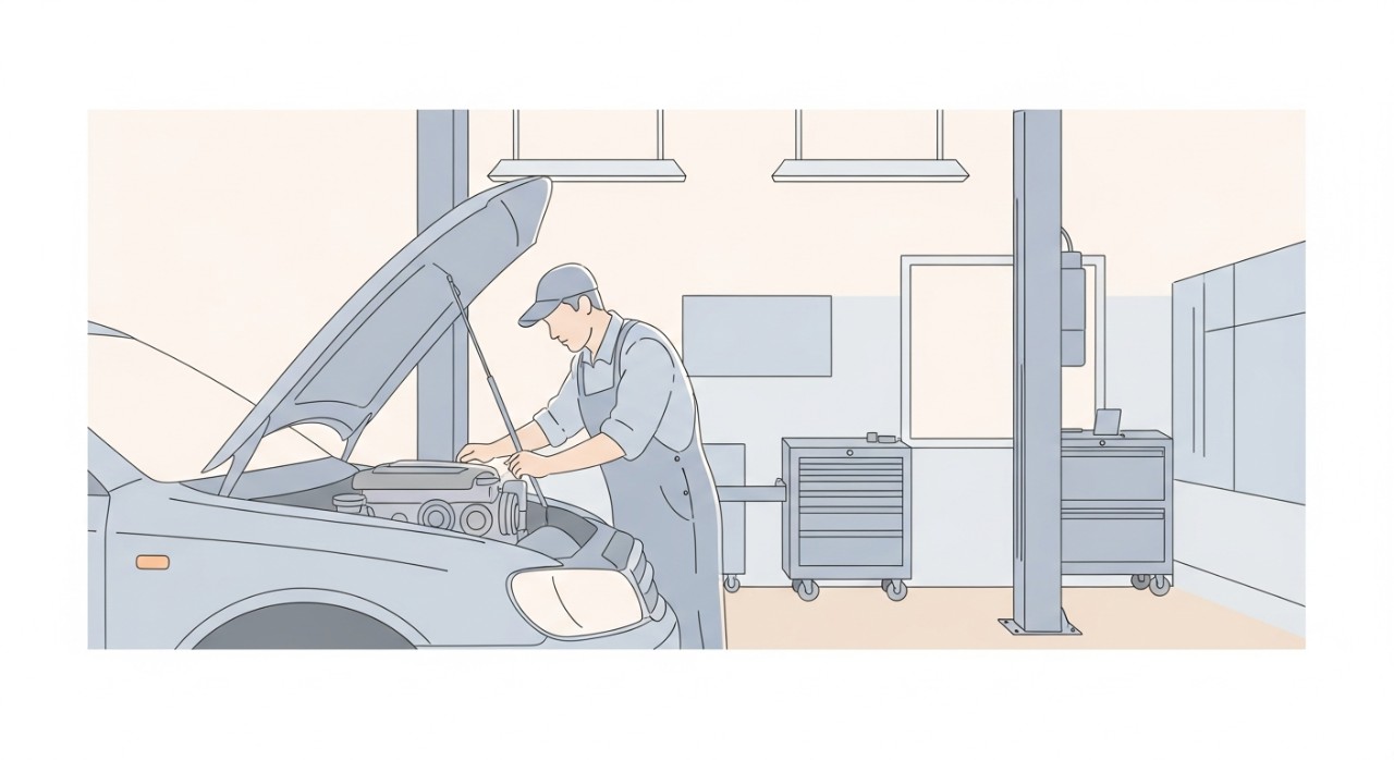 Mekanik sedang memeriksa bahagian enjin kereta di pusat servis kenderaan.