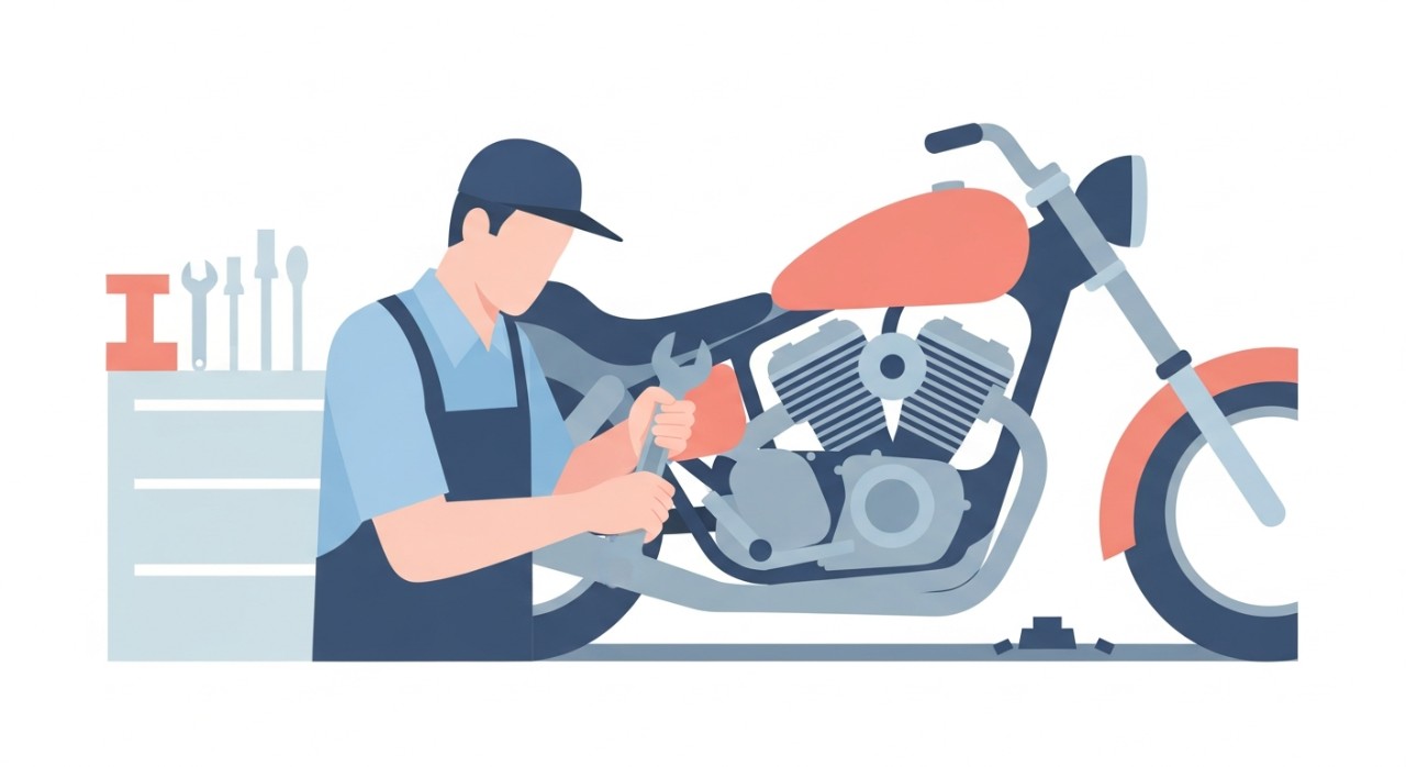 Seorang mekanik sedang menyelenggara enjin motosikal dengan teliti di dalam bengkel.