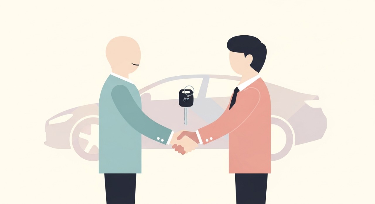 Dua orang pria sedang berjabat tangan sambil melakukan serah terima kunci mobil