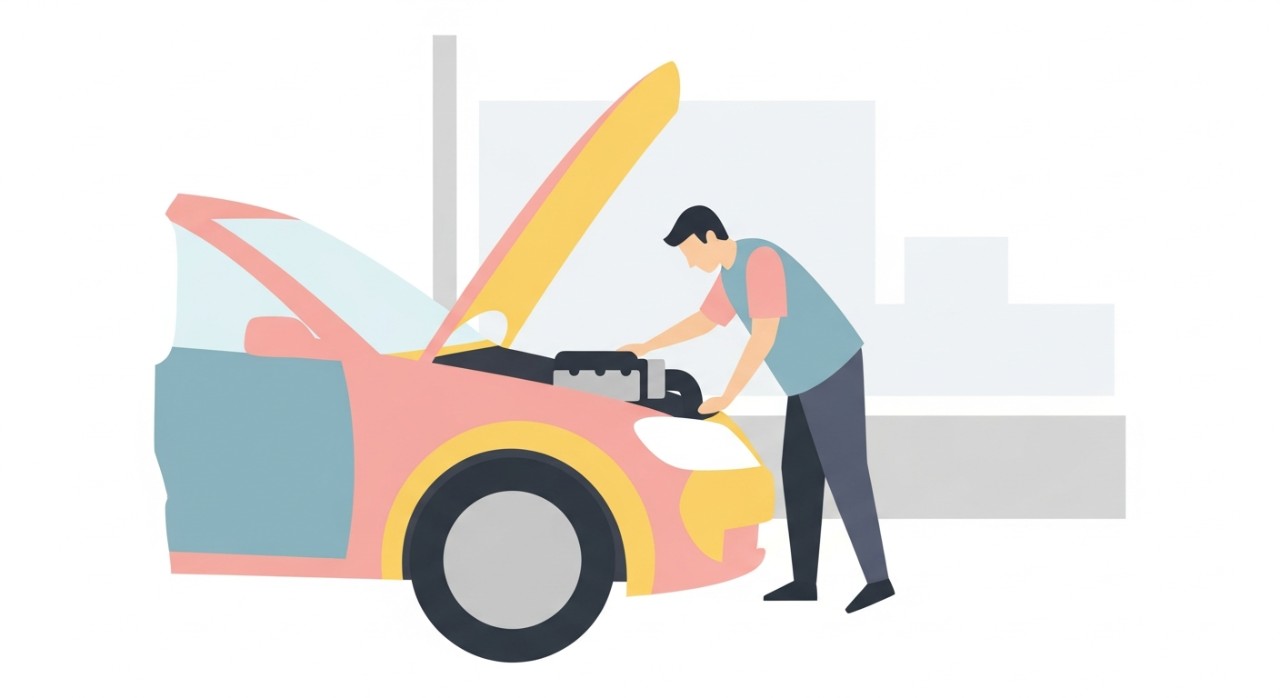 Seorang pria sedang memeriksa kondisi mesin mobil bekas dengan teliti