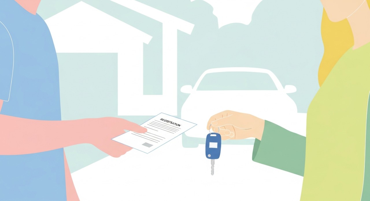 Seseorang menyerahkan dokumen pendaftaran kendaraan dan kunci kepada pembeli di depan rumah.