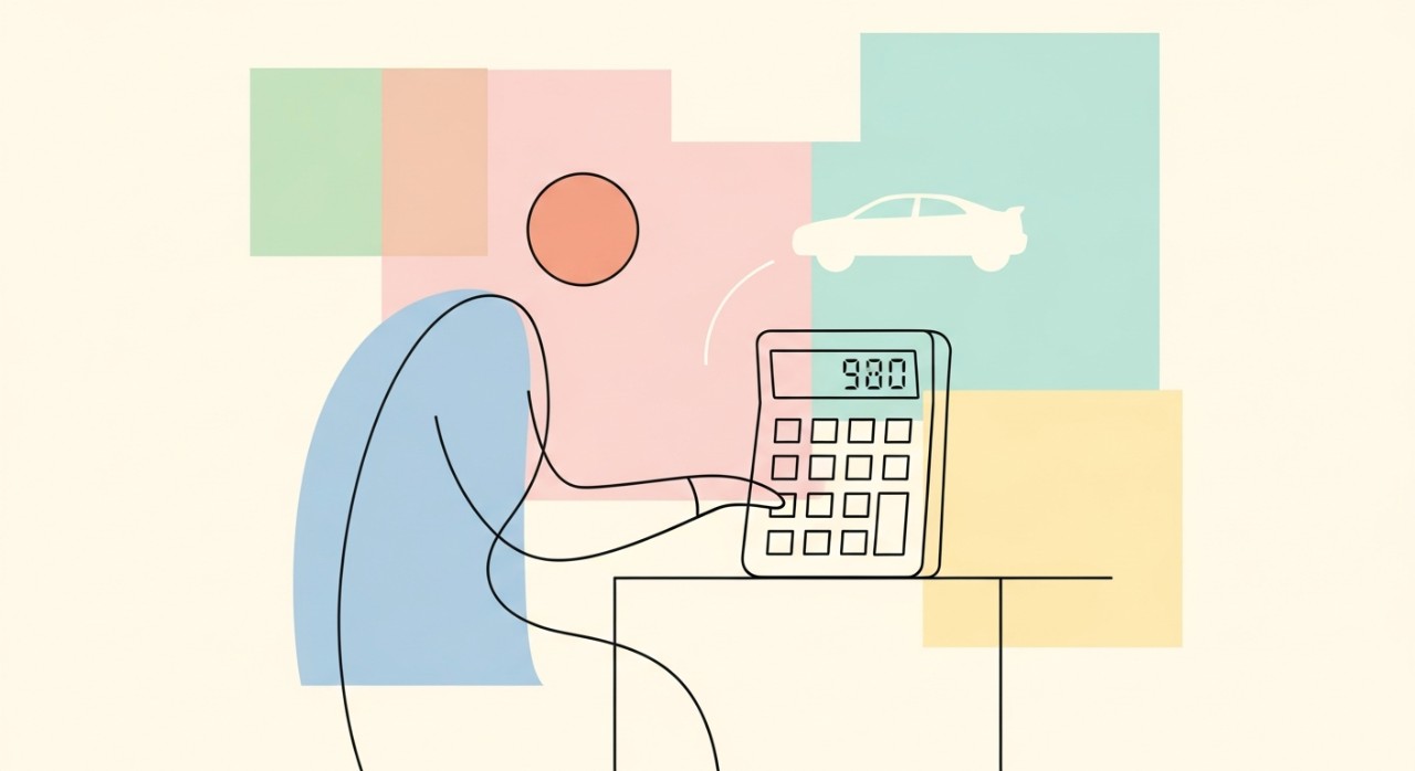 Seseorang sedang menggunakan kalkulator untuk menentukan jumlah uang muka mobil
