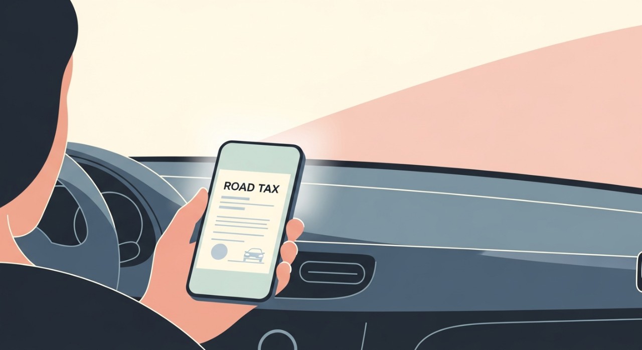 Seorang pengemudi menunjukkan dokumen pajak jalan digital melalui aplikasi di smartphone.