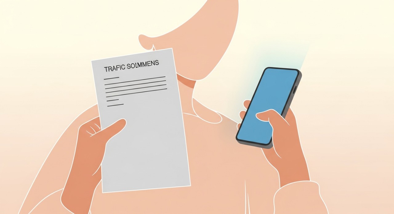 Seorang pria sedang memegang surat denda lalu lintas sambil melihat layar ponsel untuk mengajukan permohonan pengurangan bayaran.