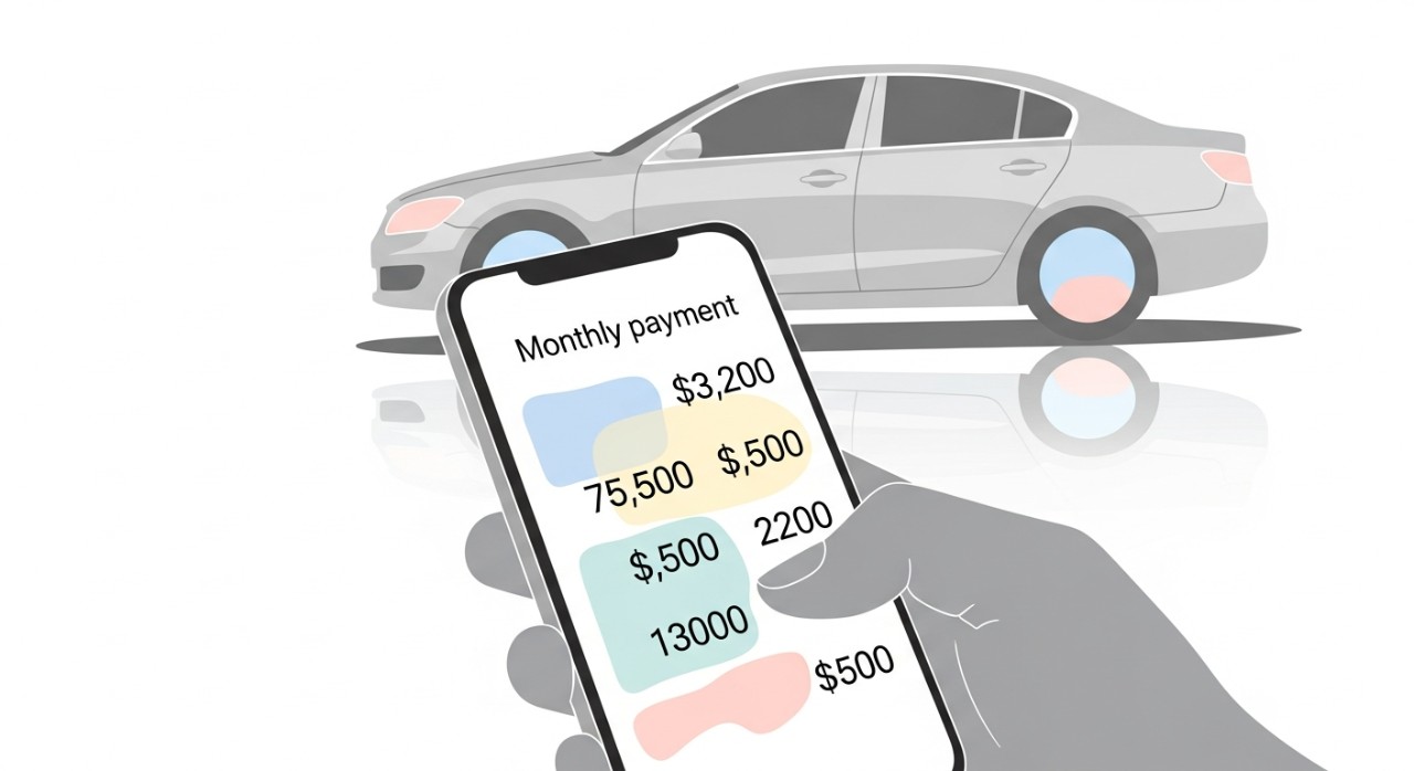 Seseorang sedang mengoperasikan aplikasi kalkulator pada ponsel untuk memperkirakan biaya kredit kendaraan