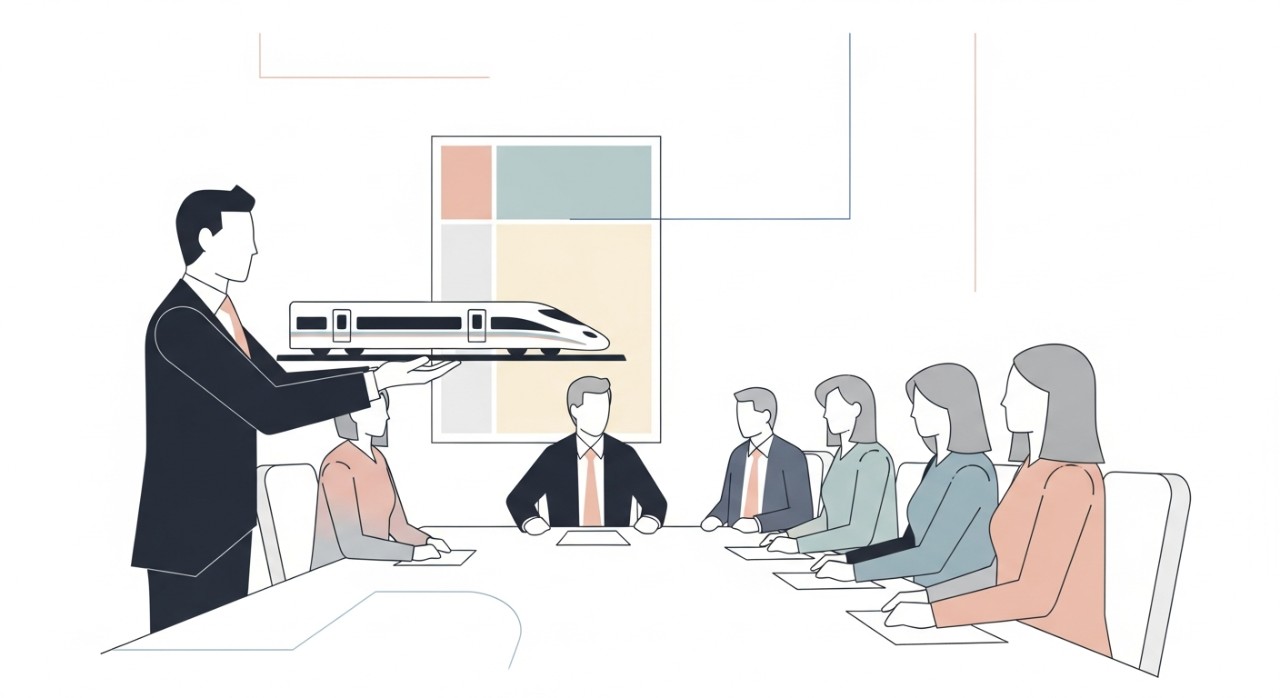 Seorang profesional sedang mempresentasikan model kereta cepat modern di hadapan investor.