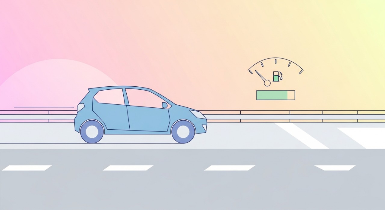 Mobil compact modern yang efisien dalam penggunaan bahan bakar melaju di jalan raya.