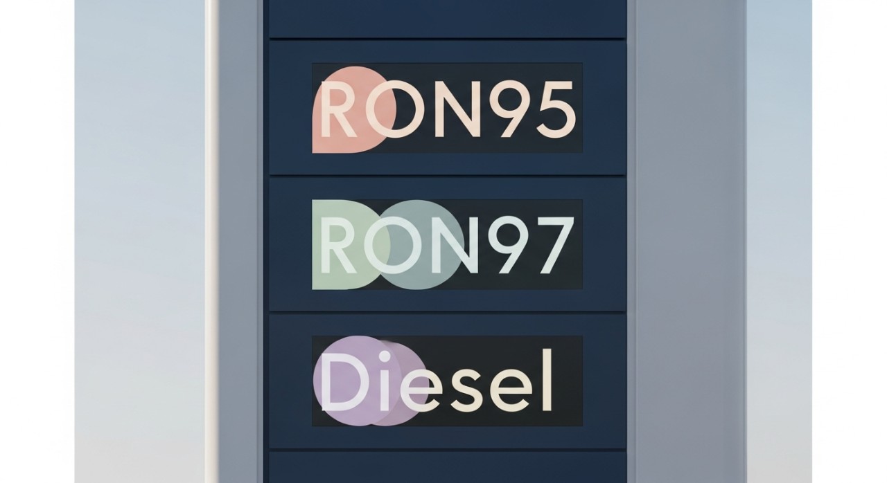 Papan informasi digital di stasiun pengisian bahan bakar yang menampilkan daftar harga bensin dan diesel.