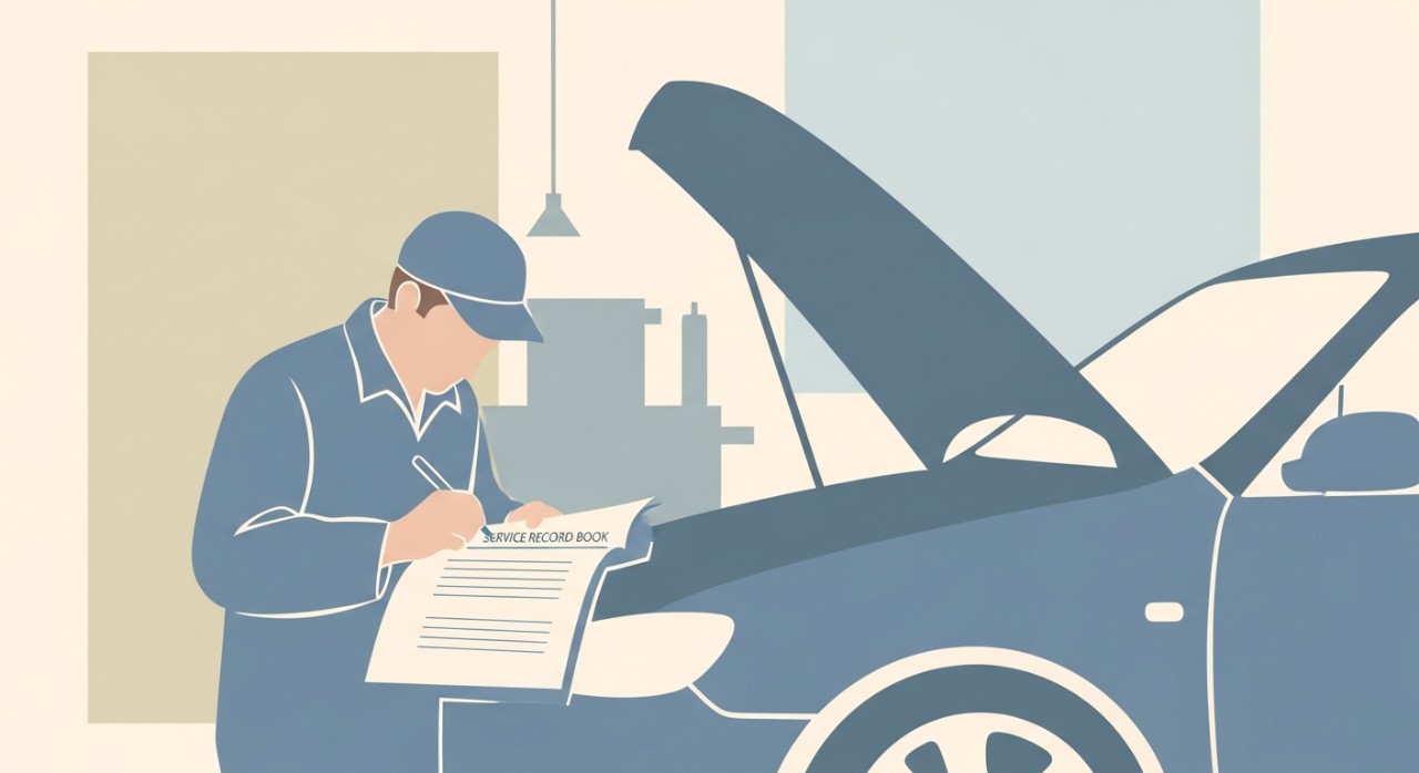 Seorang mekanik sedang mencatat hasil pemeriksaan mesin mobil pada buku panduan servis.