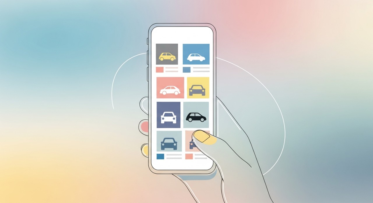 Seseorang sedang melihat berbagai pilihan mobil pada layar smartphone