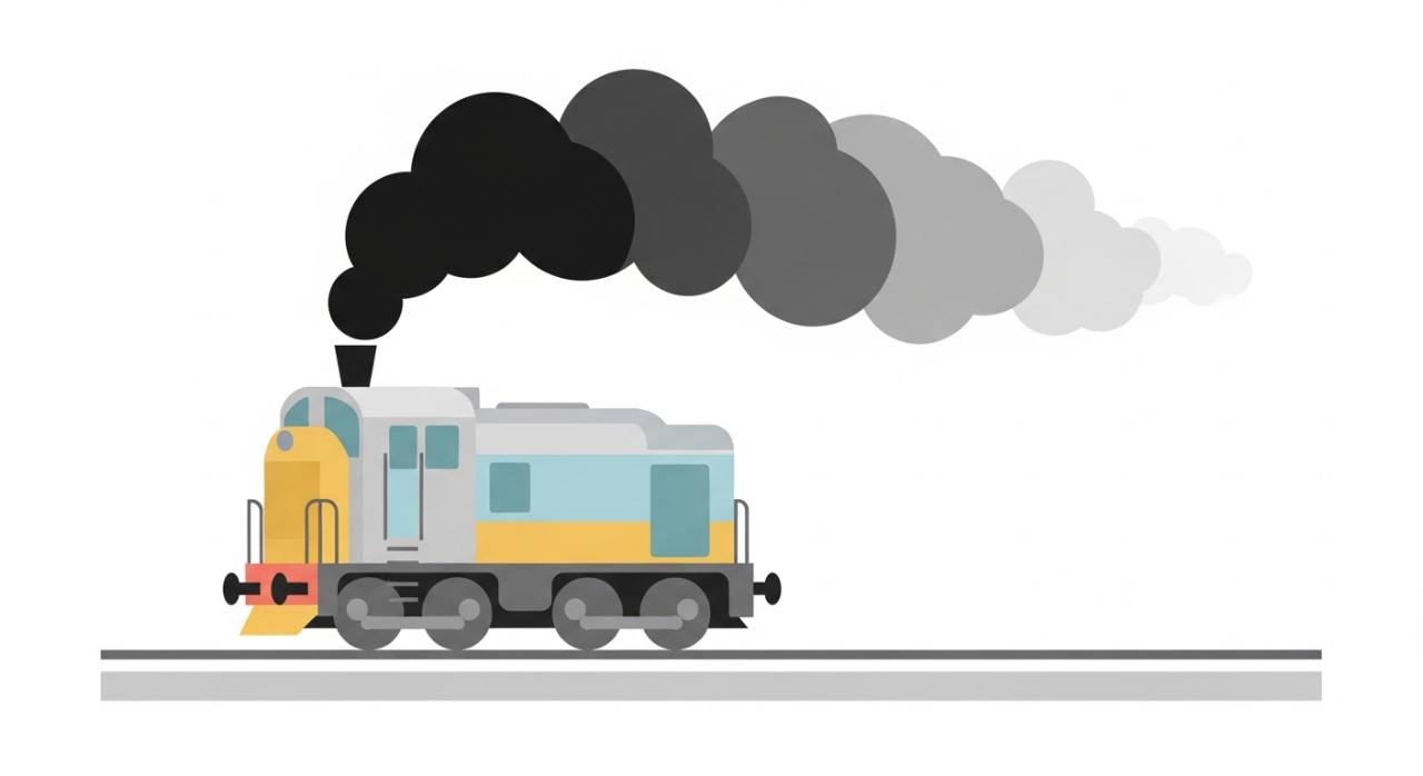 Kereta api diesel sedang melaju di rel sambil mengeluarkan asap hitam pekat dari bagian cerobongnya