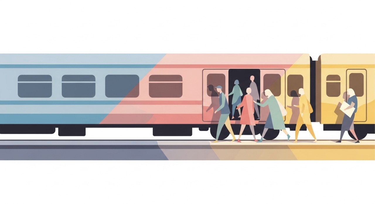 Kereta api ekonomi sedang berhenti di peron stasiun untuk menaikkan penumpang