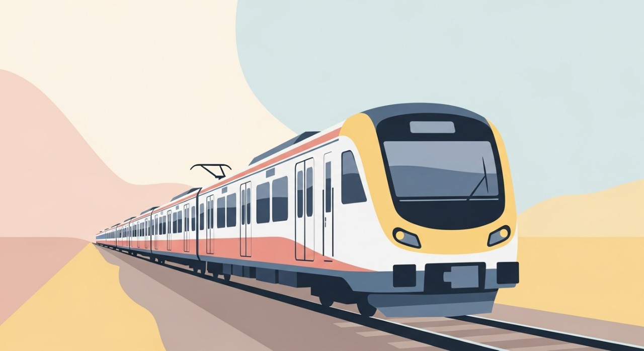 Kereta api listrik modern yang bersih sedang melaju di atas rel