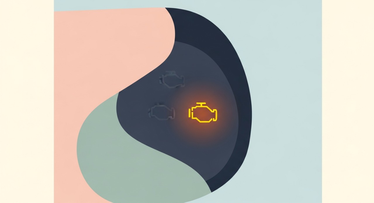 Indikator lampu check engine berwarna kuning yang menyala di panel instrumen dashboard mobil