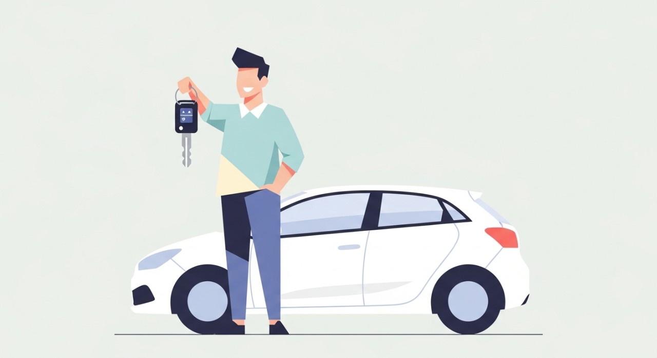 Seorang karyawan pria tersenyum bahagia sambil memegang kunci di depan mobil hatchback putih.