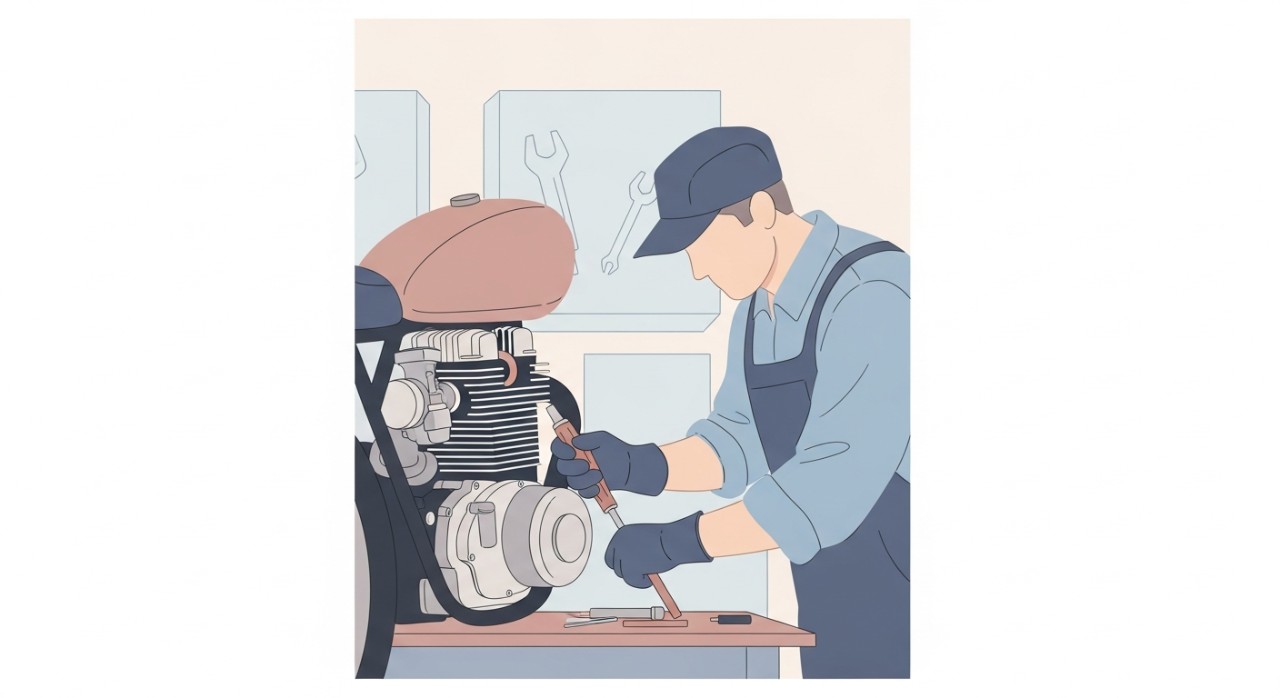 Seorang mekanik sedang memeriksa enjin motosikal di dalam bengkel dengan peralatan lengkap.