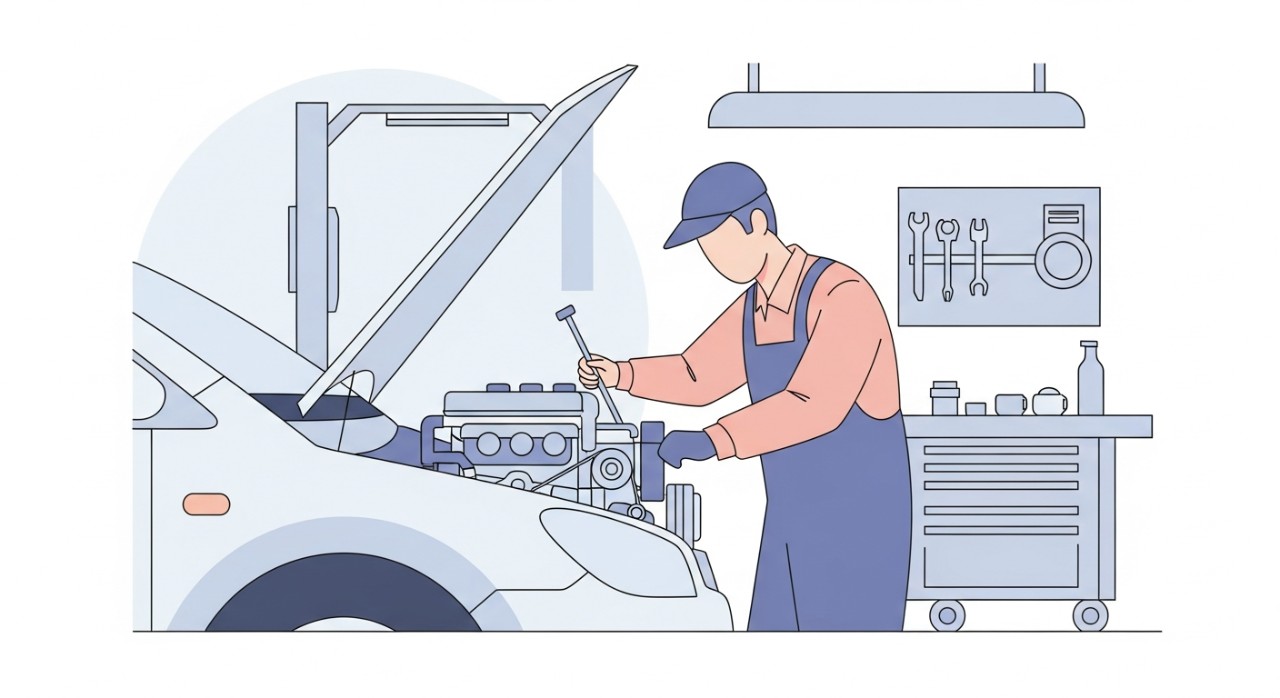 Seorang mekanik sedang memeriksa bahagian enjin kereta di dalam sebuah bengkel yang lengkap dengan peralatan.