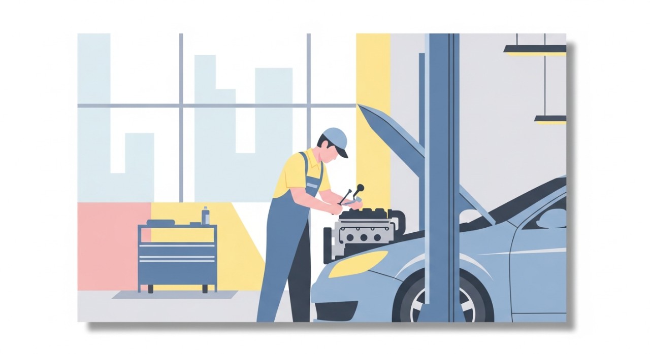 Seorang mekanik sedang memeriksa enjin kereta di dalam bengkel yang bersih.