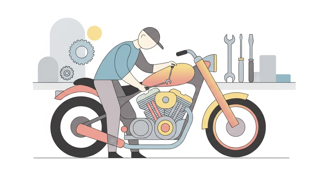 Seorang mekanik sedang tekun membaiki enjin motosikal di dalam sebuah bengkel.