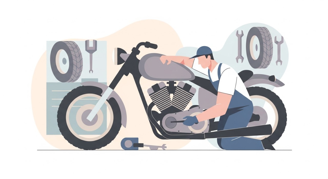 Seorang mekanik sedang menyelenggara enjin motosikal di sebuah bengkel yang lengkap dengan pelbagai peralatan.