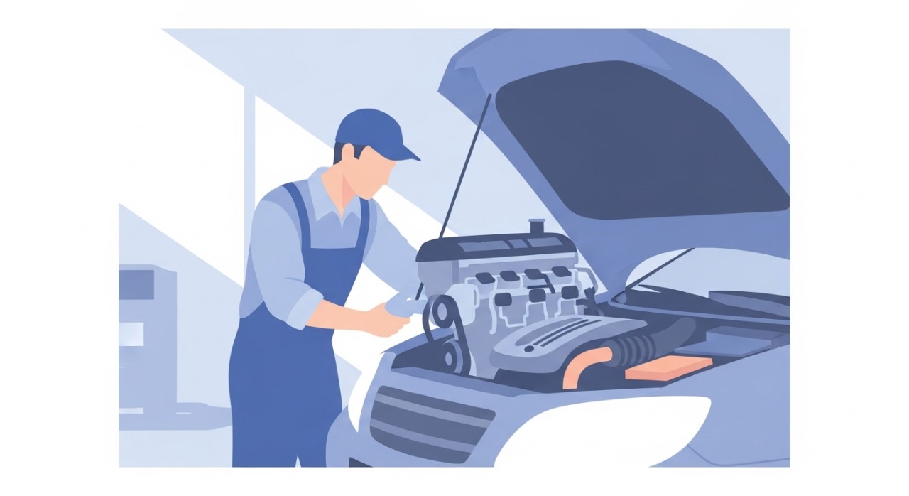 Seorang mekanik sedang melakukan pemeriksaan enjin kereta di dalam bengkel yang moden.