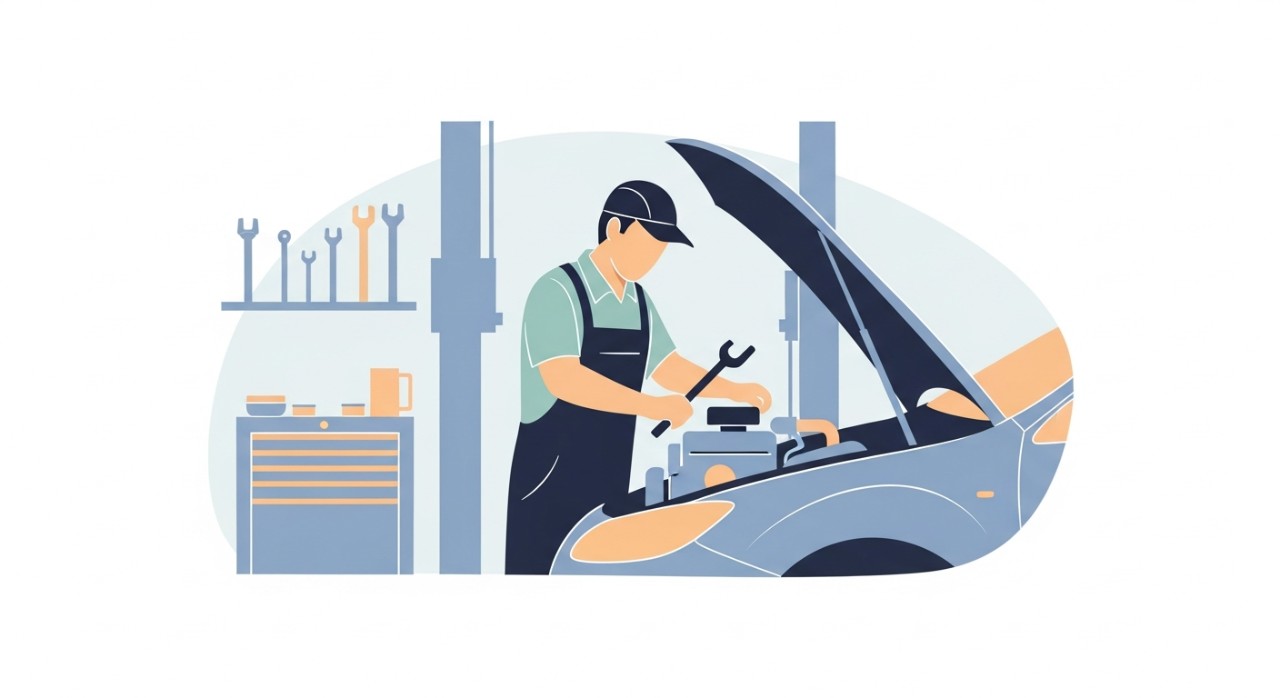 Seorang mekanik mahir sedang memeriksa enjin kereta di dalam sebuah bengkel.