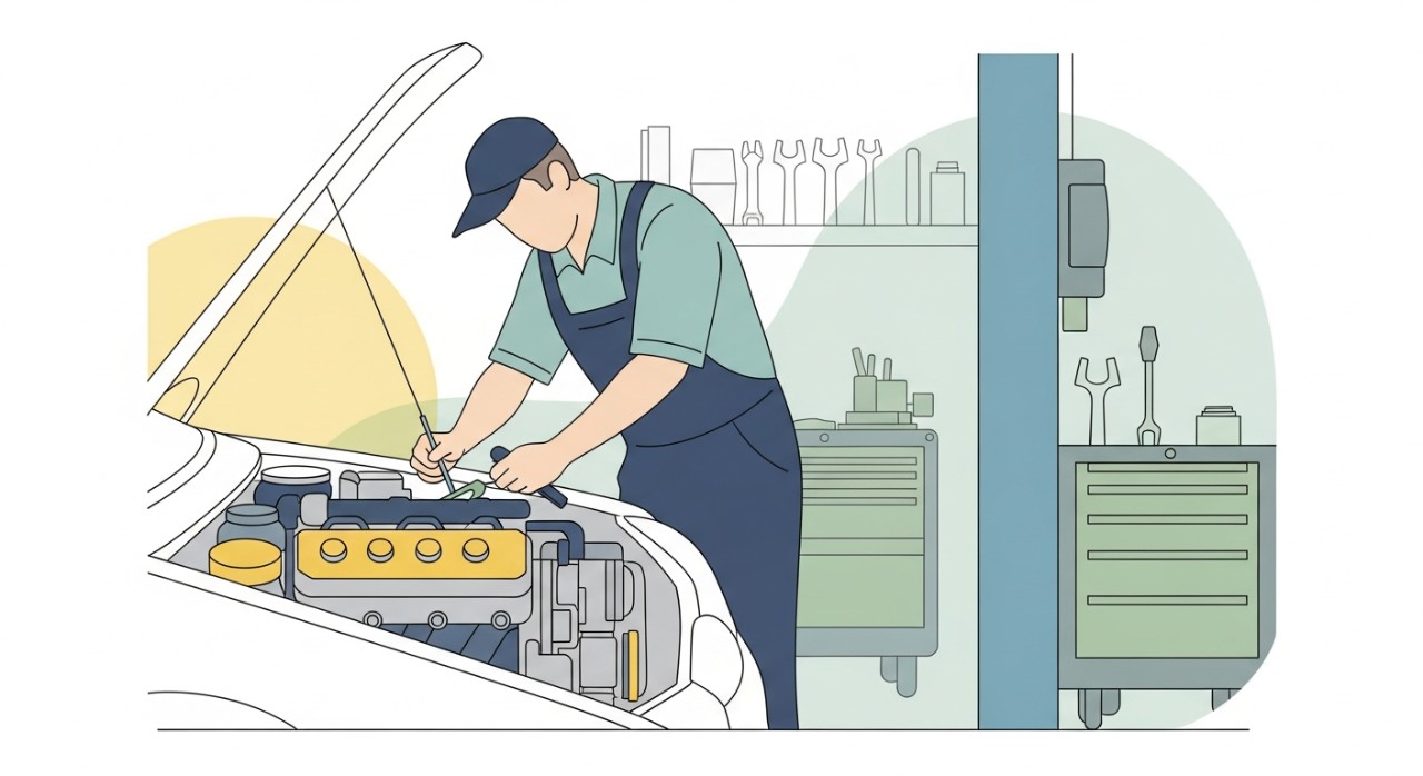 Seorang mekanik sedang memeriksa enjin kereta yang terbuka di dalam bengkel.