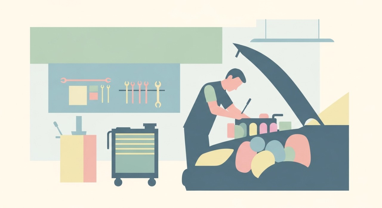 Seorang mekanik sedang memeriksa bahagian enjin kereta di dalam sebuah bengkel.