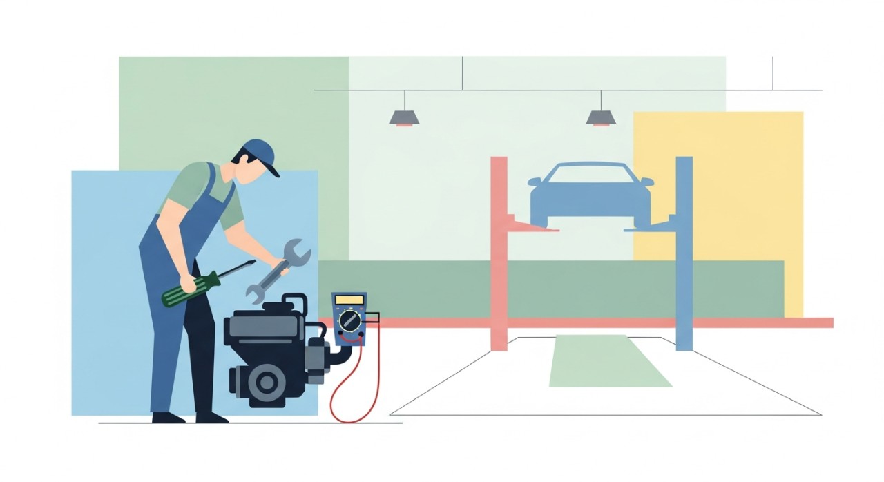 Seorang mekanik sedang memeriksa bahagian enjin sebuah kereta di dalam bengkel.