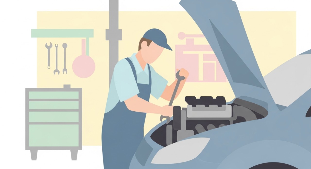 Seorang mekanik sedang memeriksa enjin kereta di dalam bengkel