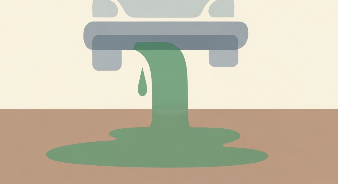 Tetesan cairan radiator berwarna hijau yang bocor di lantai bawah mobil