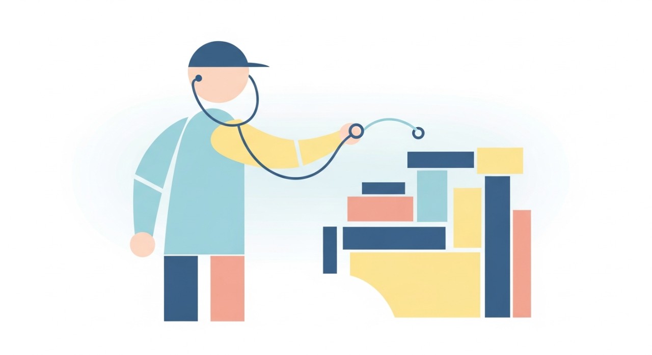 Seorang mekanik sedang mendengarkan suara mesin mobil menggunakan stetoskop khusus untuk mencari sumber masalah