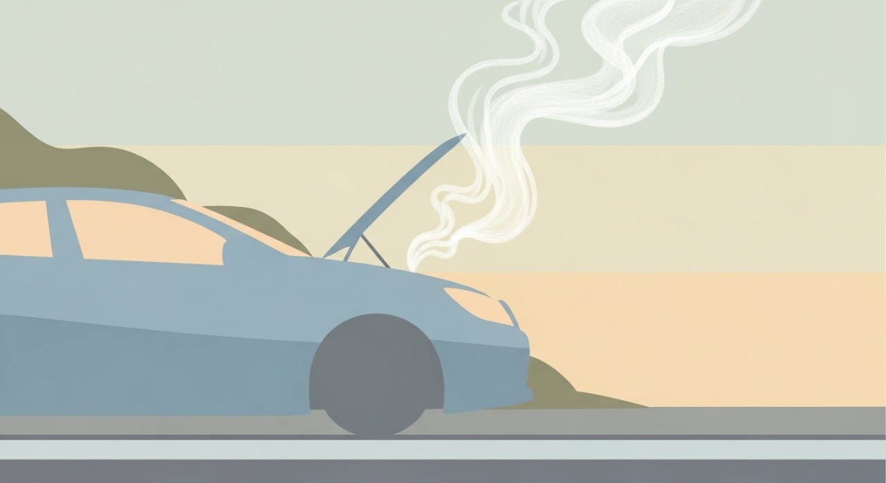 Asap putih mengepul dari mesin mobil yang sedang mengalami overheat