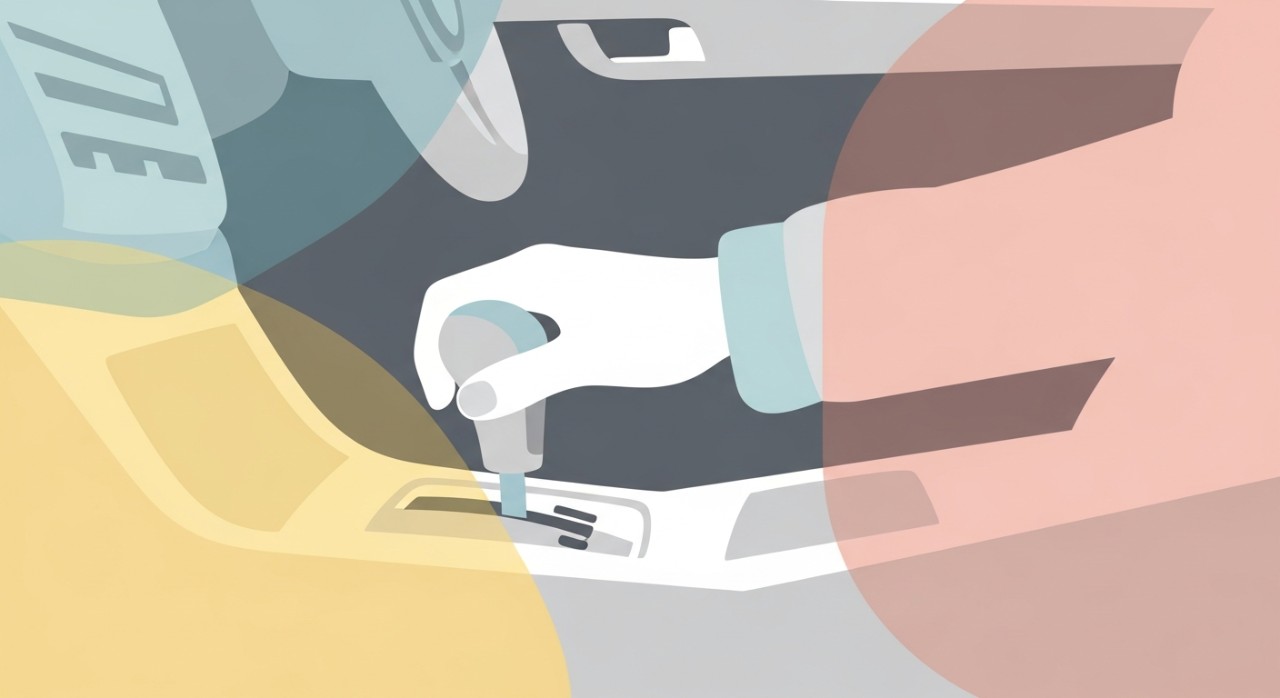 Tangan pengemudi sedang memegang tuas transmisi mobil di dalam kabin