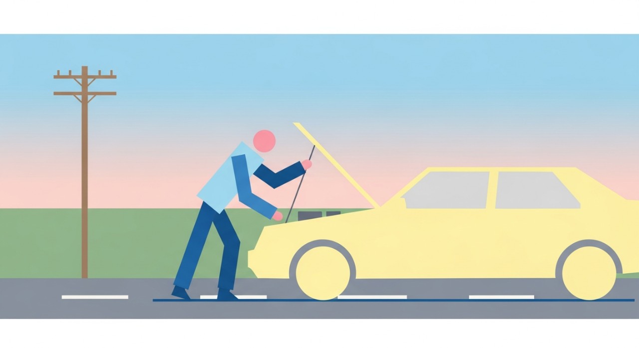 Seorang pria sedang memeriksa bagian dalam kap mesin mobil yang mogok.