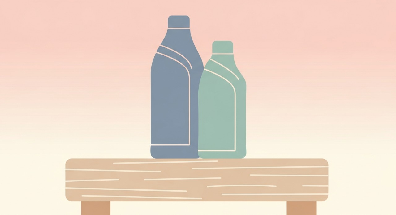 Dua botol pelumas mesin yang diletakkan berdampingan di atas meja kerja bengkel