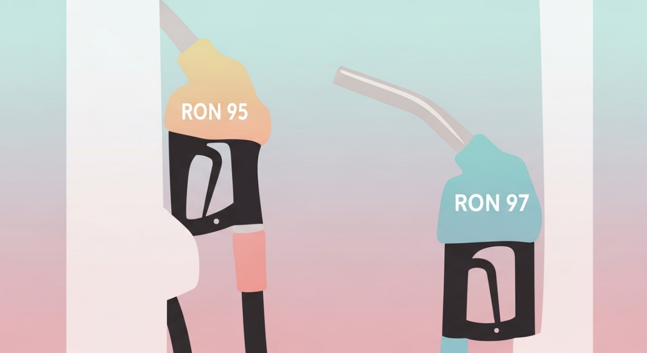 Dua nozzle pompa bensin dengan label angka oktan 95 dan 97 di stasiun pengisian.
