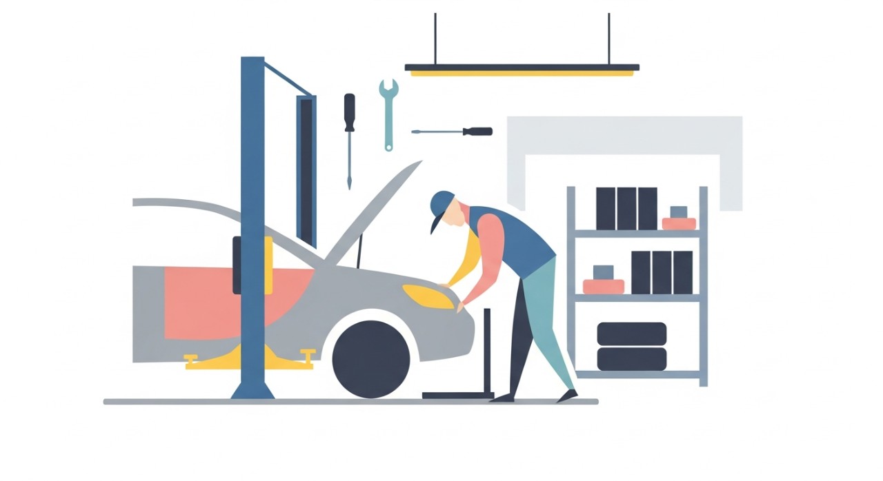 Seorang mekanik sedang melakukan kerja penyelenggaraan pada sebuah kereta di dalam bengkel.