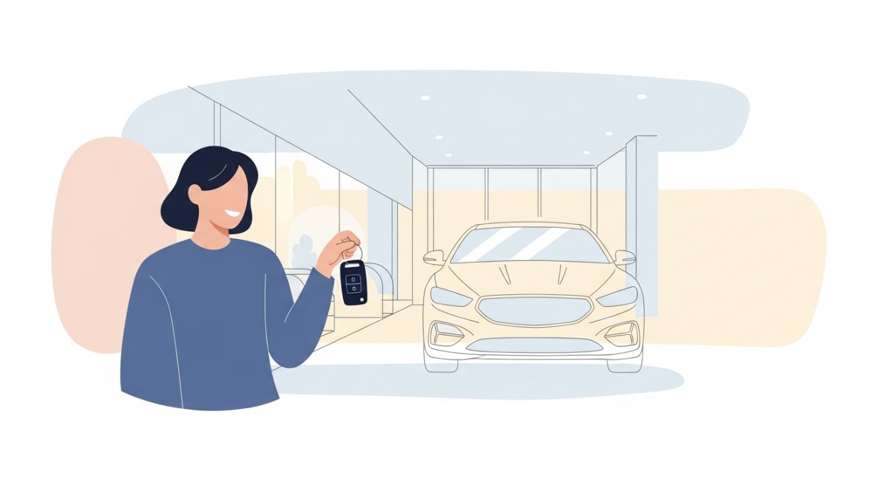 Seorang pria memegang kunci mobil baru dengan latar belakang mobil sedan di showroom