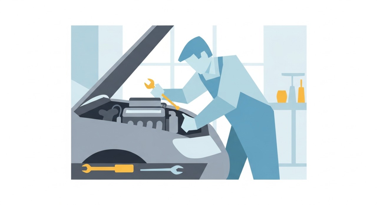 Seorang mekanik sedang memeriksa bahagian enjin sebuah kereta di dalam bengkel