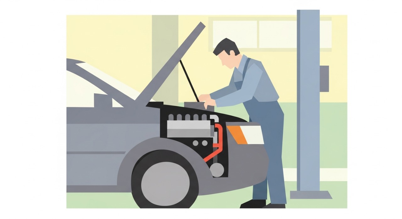 Seorang mekanik sedang melakukan pemeriksaan rutin pada enjin kereta di dalam bengkel.