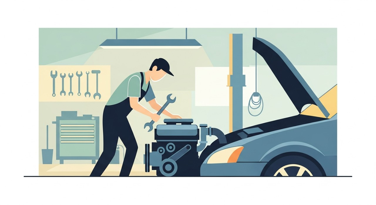 Seorang mekanik profesional sedang melakukan penyelenggaraan enjin kereta di dalam sebuah bengkel.