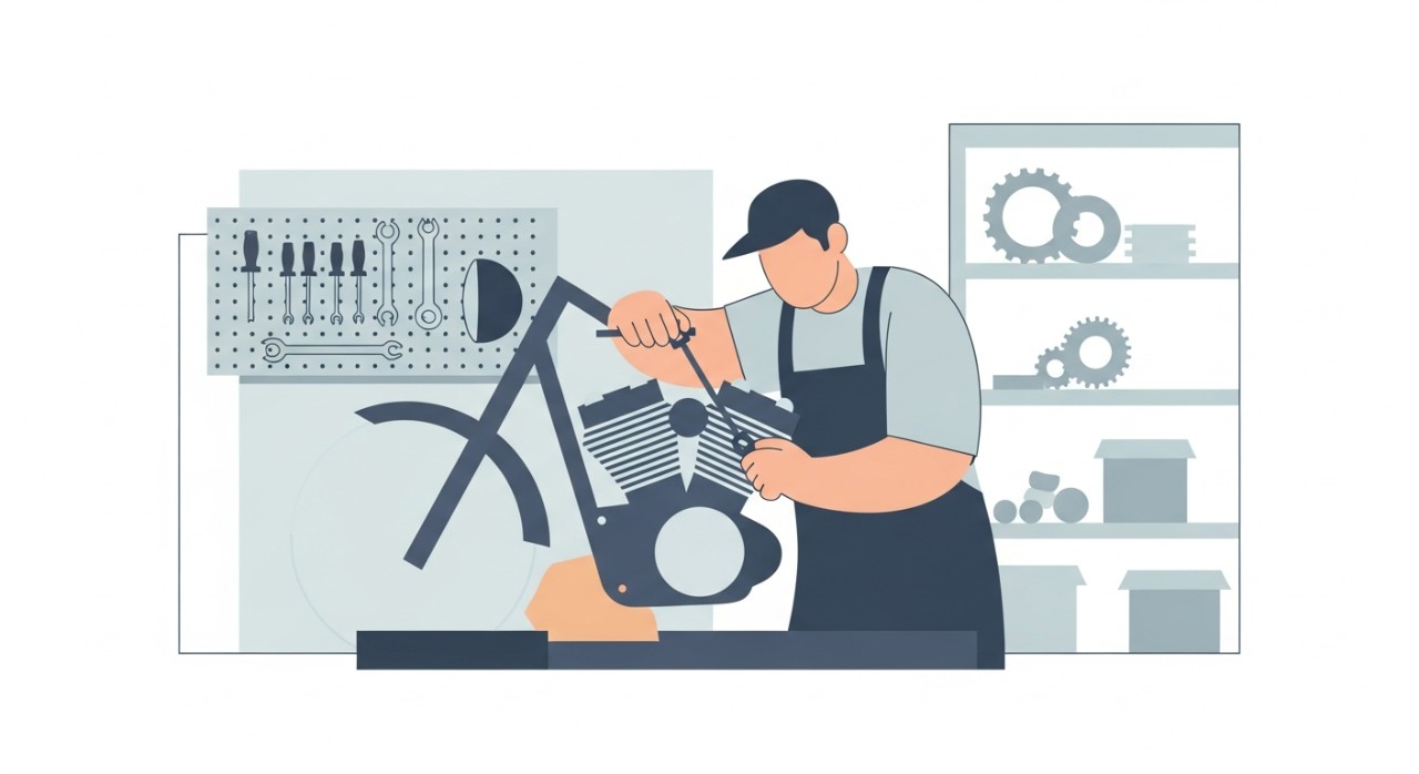 Seorang mekanik sedang membaiki komponen enjin motosikal di sebuah bengkel yang lengkap dengan peralatan.