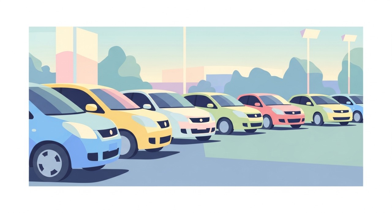 Deretan mobil bekas yang diparkir rapi di halaman sebuah showroom.