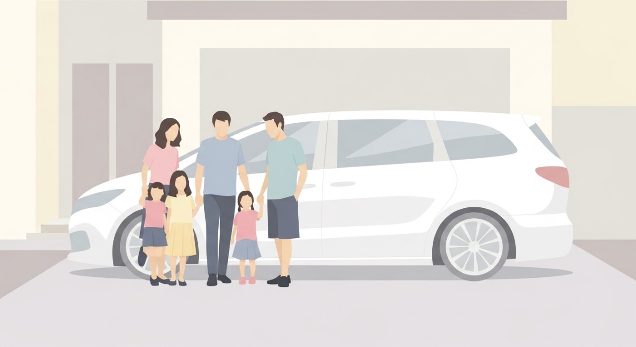 Satu keluarga bahagia yang terdiri dari ayah ibu dan dua anak berdiri di samping mobil MPV putih yang luas.