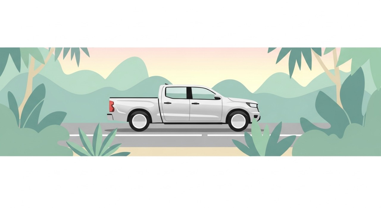 Sebuah mobil pickup truck modern berwarna perak sedang melaju di jalanan aspal yang dikelilingi pemandangan hijau.